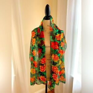 Large black chiffon wrap with orange roses